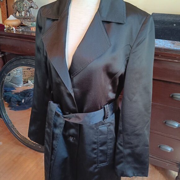 Express Design Studio Black, Satin Trench Coat, Medium - Picture 3 of 7